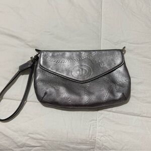Coach Metallic Silver-Black Embossed Wristlet